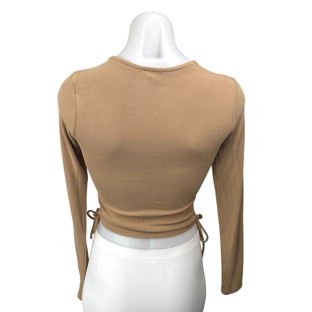 Princess Polly Noorie Brown Ruched Ties Long Sleeve Rib Knit Crop Sweater Top 4 - Picture 3 of 5